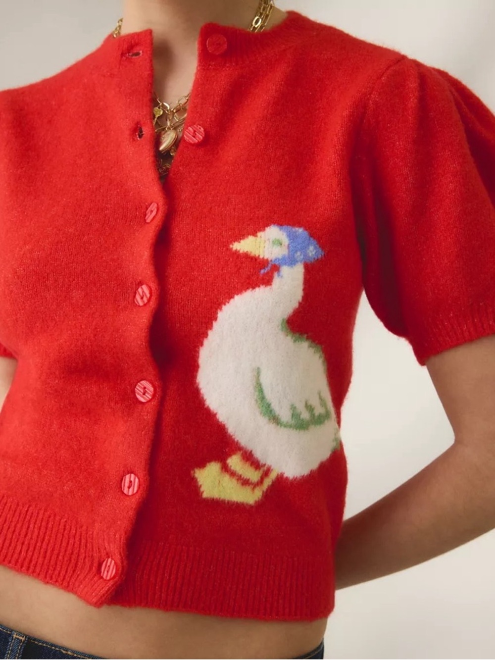 UO / Kimchi Blue Goose Motif Puff Short Sleeve Cardigan